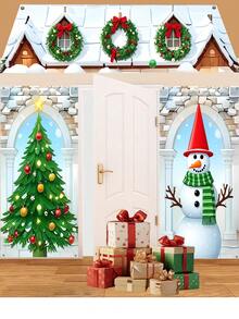 3 pièces Ensemble de décoration Sapin de Noël, Bonhomme de neige, Couronne - Bannière suspendue, Rideau, Décoration de toit pour fête de Noël
