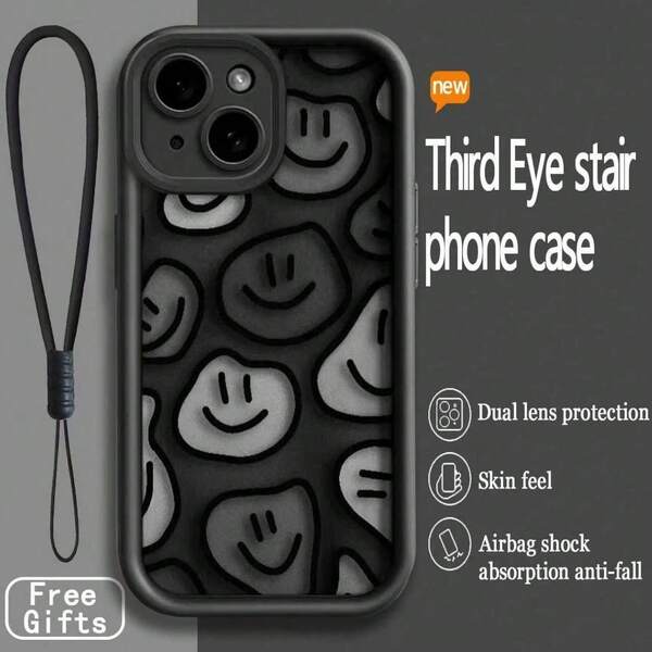 Expression New High-End Textured Thickened Anti-Drop Black Smiling Face Painted Phone Case With Wrist Strap, Compatible With IPhone 15 Pro Max, Apple P13, P14, P11, P12, XS, XR, 7/8P, 7/8G ES2, A50, A12, A32, A52, A72, A51, A21S, A13, A14, S22 Ultra, S23, A33, A53, S20 FE, Redmi 11 Youth, 12 Pro, 12/12X, Note 11, 9A, 9C, Poco X3 NFC, Redmi 10, 9, Note 9, 12C, Note 11 Pro, Redmi 10C, Note 8 Pro Waterproof Shockproof Scratch Resistant