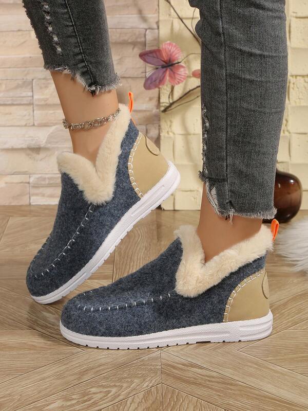 Cross-Border New Fashion Faux Fur Lined Snow Boots For Women, Warm Plush Lining Boots, Flat Patchwork Short Tube High-Top Outdoor Casual Furry Shoes