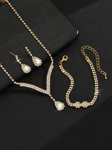 4 件新娘首饰套装：水钻爪链玻璃泪珠项链、耳环、手链，优雅适合婚礼、正式场合 - 金色 - 查看 3