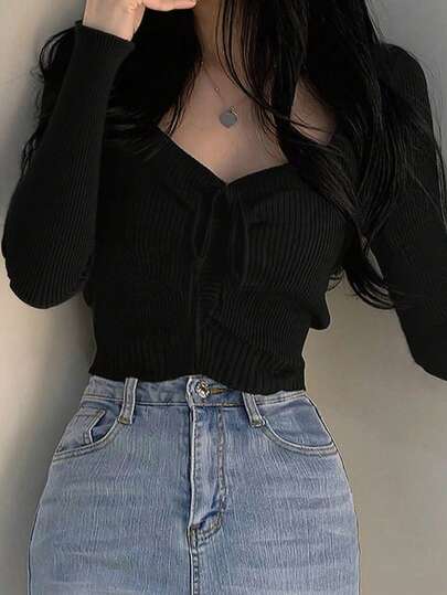 2025 Spring/Autumn Solid Color Long Sleeve Drawstring Pullover Top