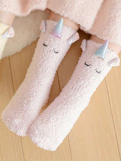 1 Pair Girls' Soft Thick Warm Unicorn Cartoon Cute Children's Socks, Suitable For Daily Wear In Winter