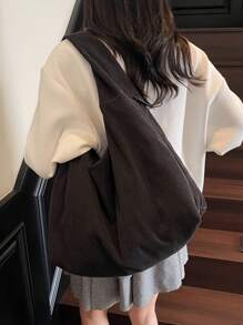 2025新款黑色灯芯绒面料手提包，大容量纯色单肩包，休闲日系托特包，百搭大学生书包，简约时尚手提包，轻便可折叠旅行包，带拉链口袋