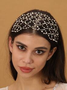 1pc Elegant Handmade Faux Pearl Woven Headband For Women, Bridal Wedding Bohemian Headpiece, Suitable For Party Accessories