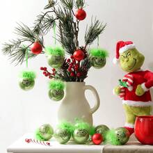 GRINCH 12 pièces Décorations suspendues avec imprimé visage de chat vert en peluche de 6-7 cm - Meilleur petit cadeau de Noël (style aléatoire)