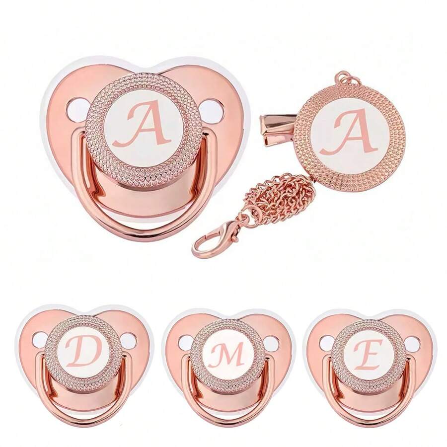 2pcs Set Shiny Luxury Rose Gold Silicone Pacifiers, Newborn Pacifier With Rose Gold Pacifier Clip, Hot Selling Baby Teething Toys, Infant Pacifier With Chain, Holiday Gift - Multicolor - View 1