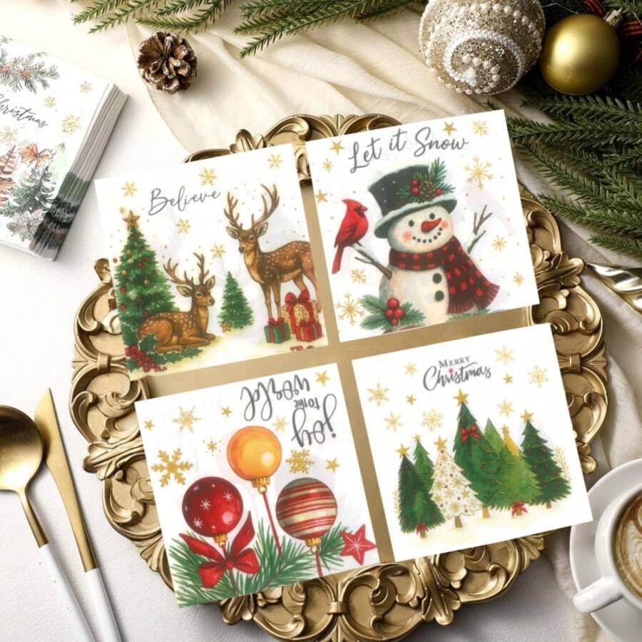 20pcs Christmas Theme Party Napkins, 2-Ply Disposable Paper Napkins, Suitable For Christmas, New Year Party Decoration, Holiday Decor, Tabletop Decor, Restaurant Decor, Wedding And Festival Use - Multicolor - View 1