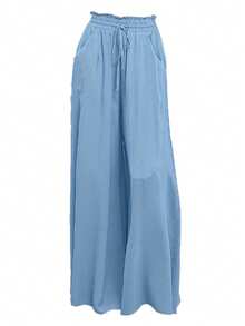 1  Plain    Casual  Boho    Pocket  Knot  Paperbag Waist    Home - Blue - View 6