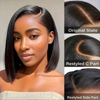 Eulisi Tóc giả ngắn kiểu bob 13x4, 100% tóc thật, mật độ 180%, tóc giả thẳng có ren phía trước, tóc thật dành cho nữ, tóc giả ren phía trước mật độ cao không cần keo, 60% tóc thật, đã tỉa sẵn, có tóc con, đường chân tóc tự nhiên, dài 8-14 inch.