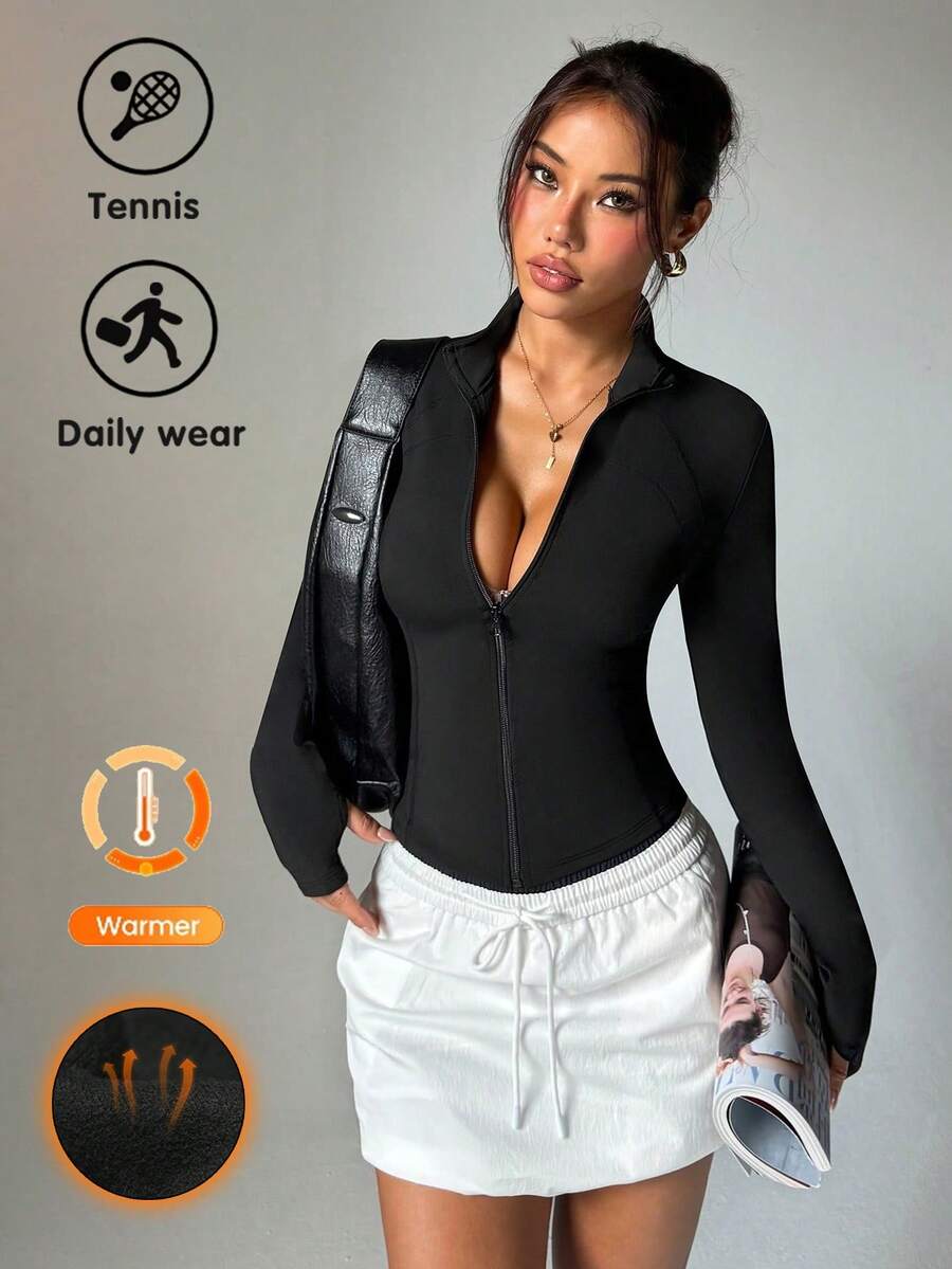 Women's Black Textured Fabric Zip-Up High Neck Minimalist Fashion Thumb Hole Knit Sports Jacket