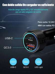 Cargador rápido para coche QC3.0 con cable de carga de 1 m PD30W