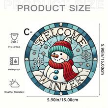 1PC Double Snowman Welcome Sign - Vintage Round Acrylic Hanging Decoration With Stained Glass Style Snowflakes & Holly Berry, Bright White For Christmas, Thanksgiving, Halloween-Christmas Gifts, Holiday Display, Bohemian Style, Colorful Snowflakes