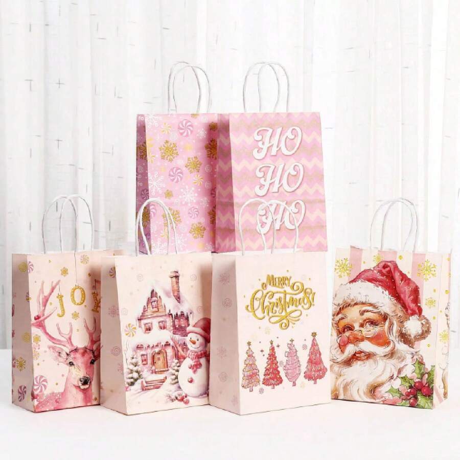 أكياس هدايا ورقية بشكل بابا نويل وردية لحفلات عيد الميلاد، أكياس هدايا لتغليف الهدايا الصغيرة في عيد الميلاد