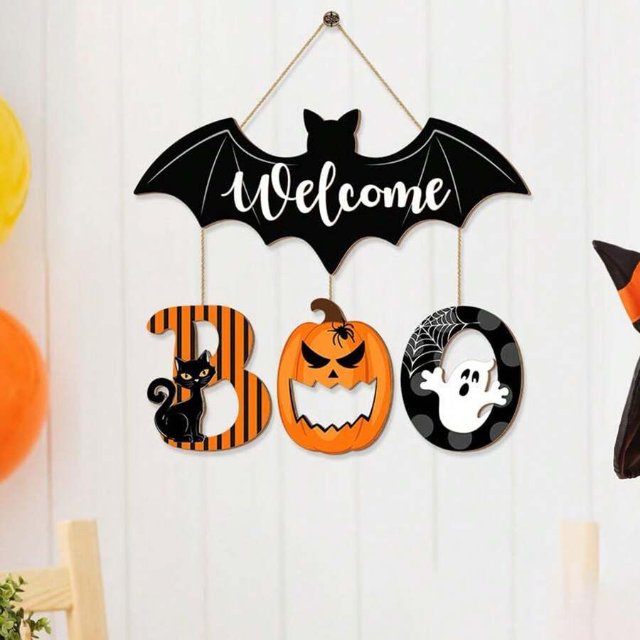 Halloween BOO Door Sign Decorations, Spooky Bat Welcome Hanging Sign For Front Door, Wooden Ghost Evil Pumpkin Black Cat Door Hanger Ornaments For Home Window Wall Halloween Party Decor Home Decor Halloween Decor Room Decor - Multicolor - View 1