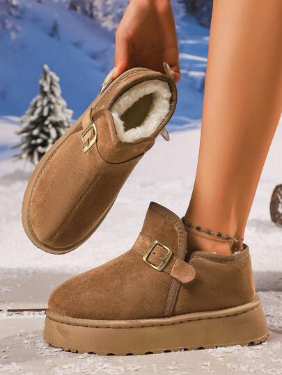 Botas de neve femininas clássicas e casuais com fecho de fivela e sola grossa: cano alto, adequadas para o inverno, com palmilha de espuma viscoelástica, sola leve e antiderrapante, adequadas para uso interno e externo, botas de férias