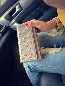 Cartera larga de mujer plegable de tres pliegues, versátil y casual, decorada con remaches vintage - Champán - Ver 3