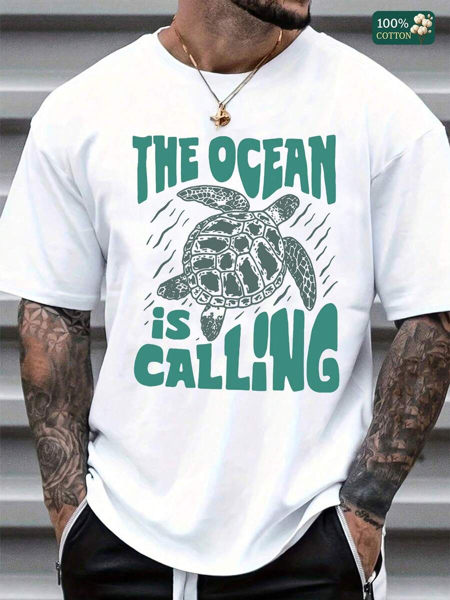 100% Cotton Unisex The Ocean Is Calling Turtle Graphic T-Shirt, Round Neck Short-Sleeve Basic Tees, Summer Men's Tops, Casual Loose Fit Graphic Crop Tops For Men, Lightweight Soft Cotton Tees For Beach, Outdoor, Daily Wear,  And Comfortable Summer Fashion - 白色 - 查看 1