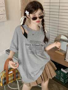 Women's Loose Hollow-Out Slogan Print Short Sleeve T-Shirt, Grey - Grey - View 6