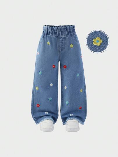 1pc Girls Colorful Casual Cute Floral Embroidery Fringe Hem Waist Straight Leg Jeans