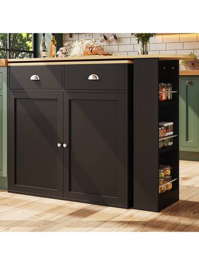 Sairedel 360° Rotating Sideboard Cabinet Moderne Multifunctional Drawers Doors Slim Side Shelves Living Room, Bedroom Dining Room Elegante Zwart view 2