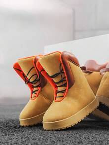 Fashionable Comfortable Warm Lining Anti-Slip Durable Rubber Sole Soft Leather Upper Lace-Up Design Outdoor Travel Boots For Teenage Boys, Autumn/Winter