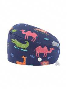 四季通用可调节夹扣式护士帽/手术帽 | 时尚微弹数码印花 | 吸汗速干，按扣设计 | 可手洗，易于护理 | 适用于医疗、美容、牙科、宠物护理 | 可爱动物印花涤纶（聚酯纤维）男女通用工作帽、护士帽、护理配件、女士手术帽、长发帽，四季皆宜 - 彩色 - 查看 17