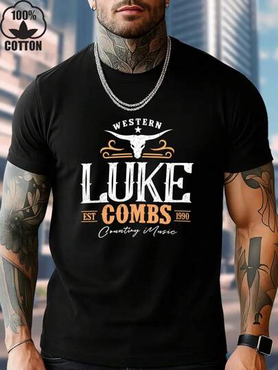 Men'S 230g Pure Cotton Casual Short Sleeve Fashion Round Neck T-Shirt With "LUKE COMBS" Print And Logo - Black, Versatile For Casual Attire, All-Season Comfort, Comfortable Clothing| Logo Print Tee| Smooth Texture
