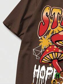 2025Two Counts Men's Plus Size Mushroom & Letter Print Pocket Two-Piece Set, Back-To-School Clothing, Casual Round Neck Tee & Drawstring Shorts, Plus Size Summer Outfits For Men