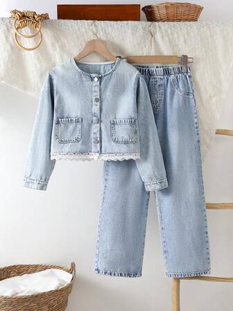 Set de 2 piezas: Chaqueta vaquera casual y elegante con volantes y lavado claro con estampado de copos de nieve y pantalones vaqueros cómodos y casuales para uso diario, nueva colección de otoño/invierno