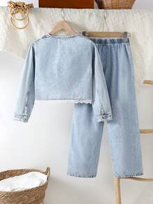 2pcs Set: Snowflake Denim Casual Elegant Lady Frilled Light Wash Denim Jacket And Comfortable Casual Daily Denim Pants, New Autumn/Winter - Light Wash - View 2