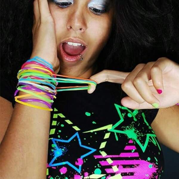 20/40/60/100pcs/Pack Bohemian Bracelet Set, 80s Multicolor Jelly Bracelets, Rainbow Glow In The Dark Neon Stretchable Silicone Bracelets, Headbands, 80s Unisex Style, Suitable For Holiday, Rock Music Gifts (Glow In The Dark Style)