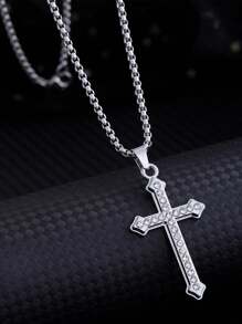 1 件简约水钻镶嵌十字架不锈钢项链，长款多层项链，适合日常佩戴，男女通用