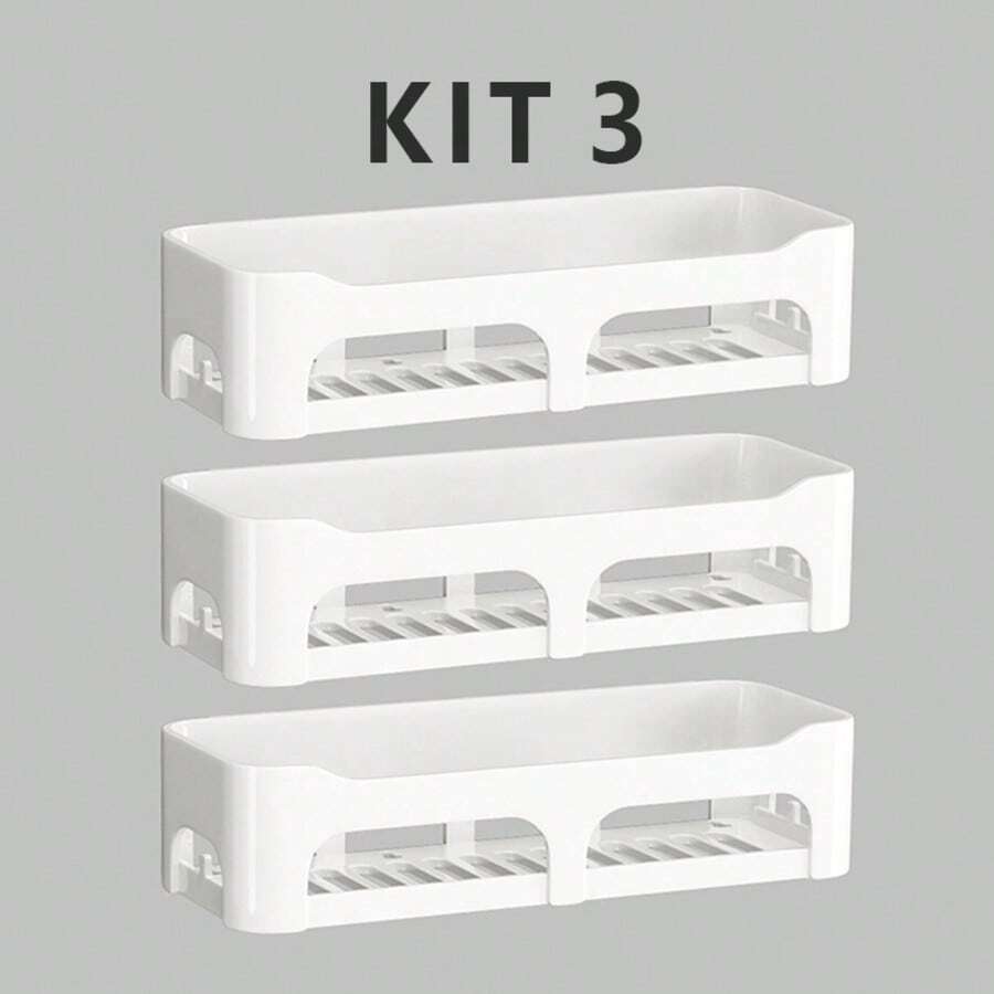 KIT3 Rectangle Plastic Organizer Shelf Support With Adhesive For Bathroom Kitchen Wall - Blanco - Ver 1