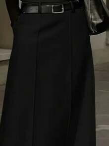 大码梭织A字长裙，无弹力，简约黑色，适合女性日常穿着