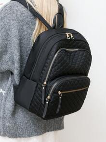 Women's Nylon Solid Color Quilted Large Capacity Versatile Backpack, Minimalist Casual Student Backpack, Commuter Bag - Black - View 7