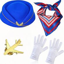 5pcs/Set Holiday Themed Flight Attendant Hat, Scarf, Brooch, Gloves, Glasses Cosplay Accessories, Retro Stewardess Outfit,Halloween
