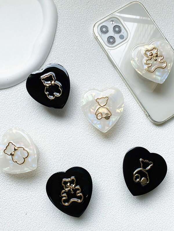 1 Piece Of Heart-Shaped Little Bear Mobile Phone Sliding Stand, Solid-Color Heart-Shaped Laser-Plated Hollowed-Out Little Bear Back Sticker Retractable Mobile Phone Support Stand Compatible With IPhone, Android Phone, Gift For Birthday, Family, Friends Push-Pull Phone Grip Phone Holder Phone Accessories