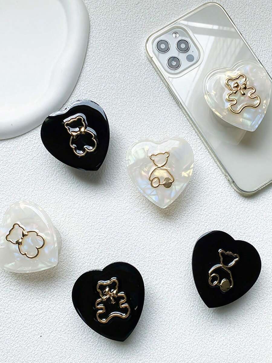 1 Piece Of Heart-Shaped Little Bear Mobile Phone Sliding Stand, Solid-Color Heart-Shaped Laser-Plated Hollowed-Out Little Bear Back Sticker Retractable Mobile Phone Support Stand Compatible With IPhone, Android Phone, Gift For Birthday, Family, Friends Push-Pull Phone Grip Phone Holder Phone Accessories