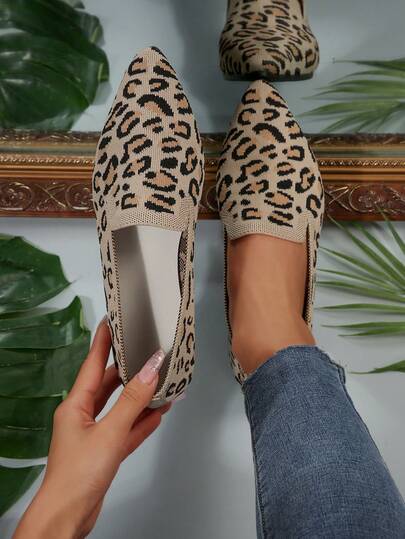 Zapatos casuales de mujer de unicolor, livianos y transpirables. Bailarinas de mujer con estampado de leopardo en los dedos. Zapatos planos de moda para exteriores