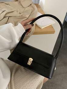 1pc Solid Color Suede Handbag, Portable Commuter Lockable Fashion Minimalist Retro Versatile Shoulder Bag & Tote Suitable For Women Daily Use - Black - View 11