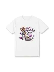 [Soft 100% Cotton] Glamorous Birthday Queen Graphic T-Shirt For Teen Shirt Tops - Round Neck, Short Sleeve, Fitted High Heel Fall Youngsters' Graphic Tee Youngsters' Clothes; Crown Design With Sparkling Purple Accents, Perfect For Celebrations, Birthday Shirt - 白色 - 查看 1