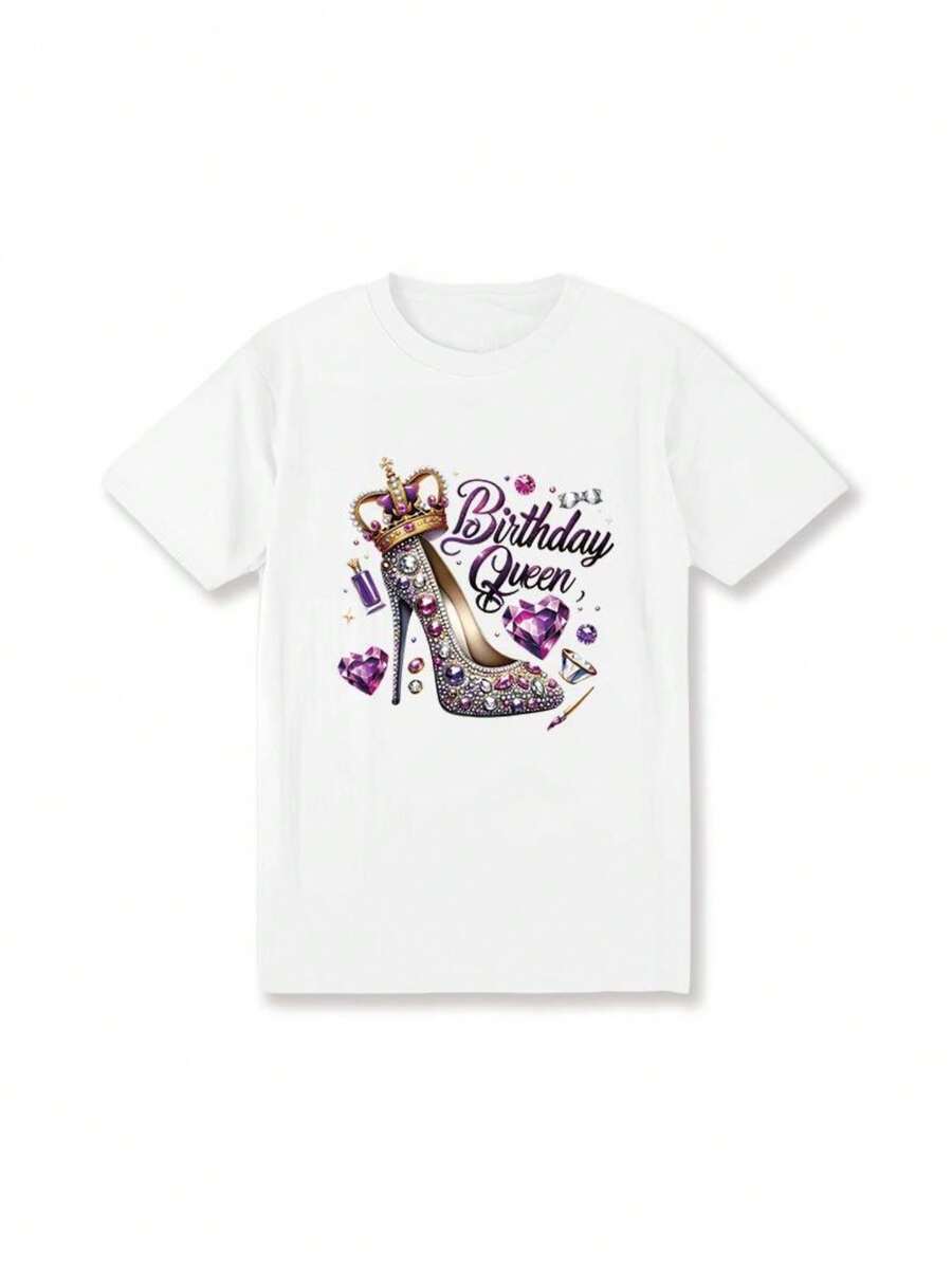 [Soft 100% Cotton] Glamorous Birthday Queen Graphic T-Shirt For Teen Shirt Tops - Round Neck, Short Sleeve, Fitted High Heel Fall Youngsters' Graphic Tee Youngsters' Clothes; Crown Design With Sparkling Purple Accents, Perfect For Celebrations, Birthday Shirt - 白色 - 查看 1