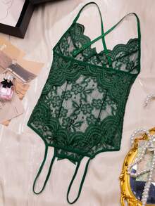 1pc Sexy Lace Bodysuit With Open Crotch For Women - 綠色 - 查看 6
