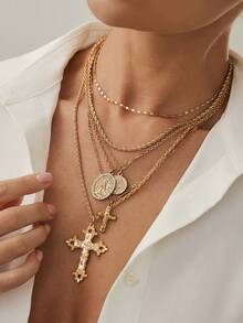 4pcs/Set 14k Gold Plated Multi-Layer Beaded Cross & Virgin Mary Necklace, Suitable For Vacation, Prayer, Baptism Wear - Style 15 - View 4