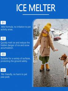 100 Grams Of Pet Deicer-A Pet-Friendly Deicer Designed For Pets To Reduce Irritation And Suitable For Areas Where Pets Often Move. Quickly Melt Snow And Ice, And Improve The Convenience Of Roads And Courtyards In Winter. It Can Quickly Melt Ice And Snow, And Has A Lasting Melting Ability, While Reducing The Potential Impact On The Environment And Vegetation.