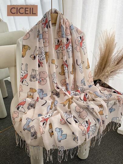 1 pieza Bufanda de mujer con estampado lindo y casual de gato y perro, ideal para el invierno