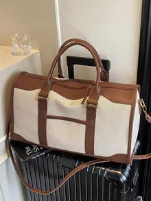 大容量极简旅行手提包，时尚撞色波士顿单肩包，休闲百搭，可单肩背或斜挎，黑棕米色 - 棕色 - 查看 11