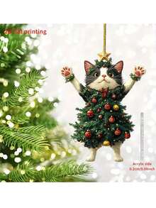 2pcs 2D Flat Printing Christmas Cats Wearing Christmas Tree Acrylic Hanging Decorations, Cute And Joyful Accents For Keychains, Bags, Car Rearview Mirrors, Christmas Decorations, Decorative Plates, Valentine's Day, Home Decor, Christmas, Birthday Party Favors, New Year Celebration