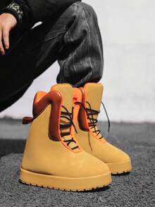 Fashionable Comfortable Warm Lining Anti-Slip Durable Rubber Sole Soft Leather Upper Lace-Up Design Outdoor Travel Boots For Teenage Boys, Autumn/Winter