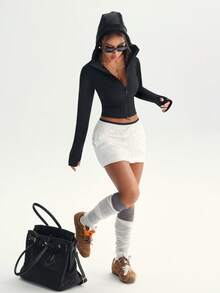 女式黑色纹理面料拉链长袖简约时尚拇指孔连帽针织运动夹克 - 黑色 - 查看 4